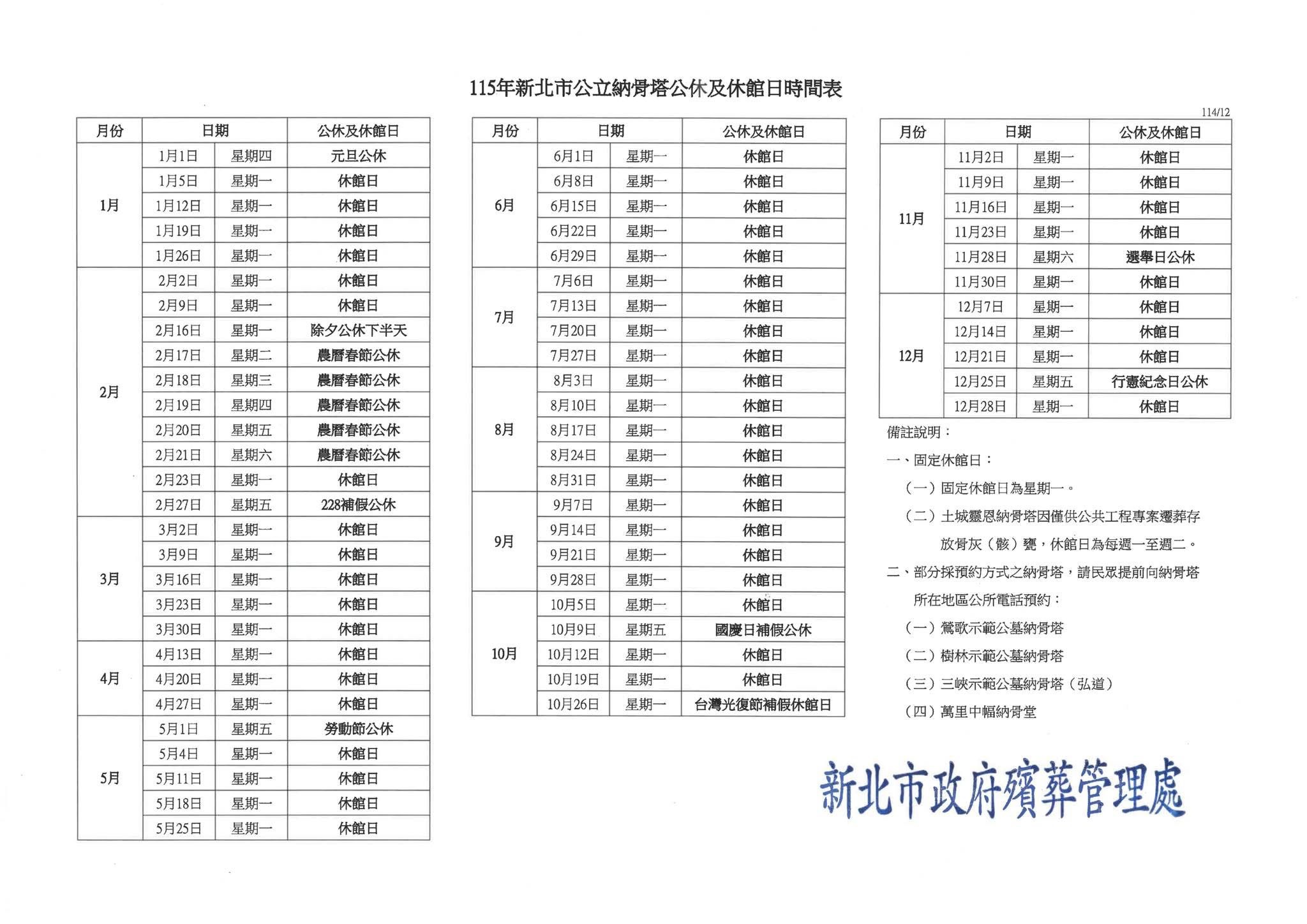 115年新北市公立納骨塔公休及休館日時間表